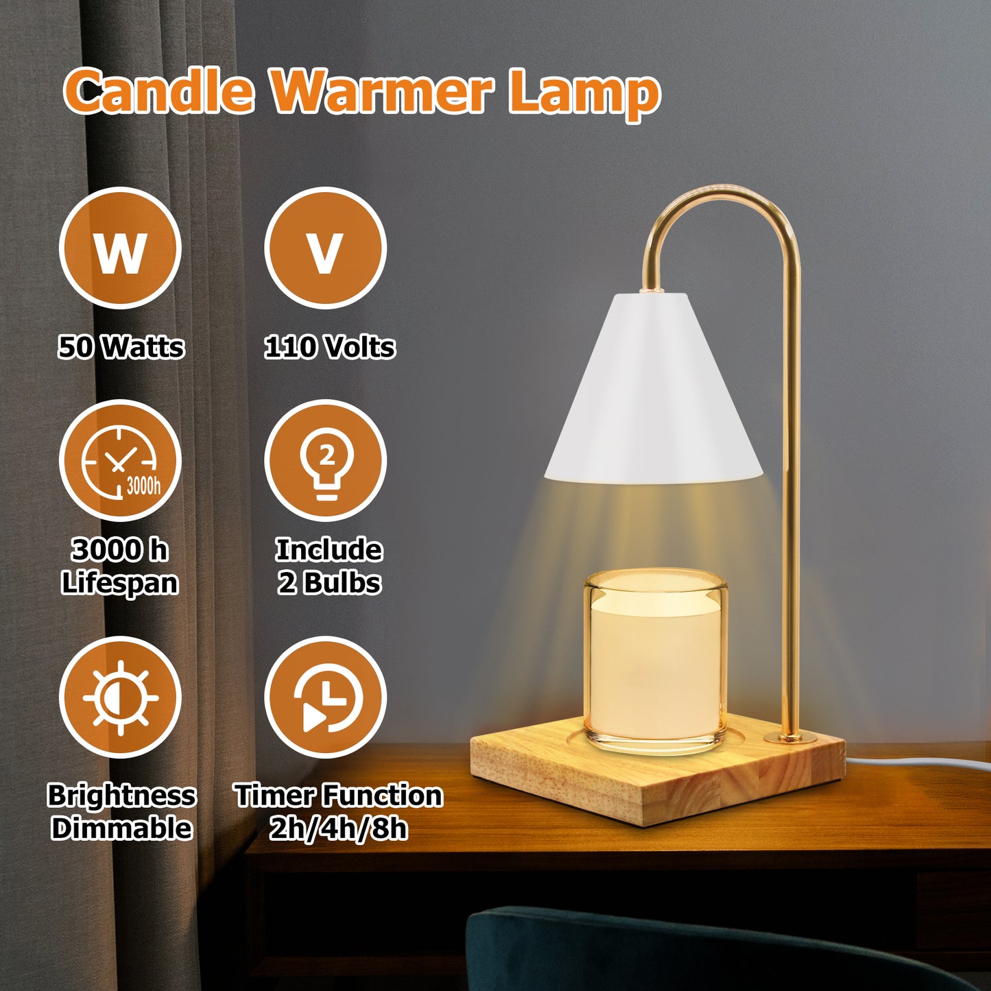 Candle Warmer Lamp, Dimmable Candle Warmer with Timer, Compatible with Yankee Candle Large Jar Candle with 2 Bulbs